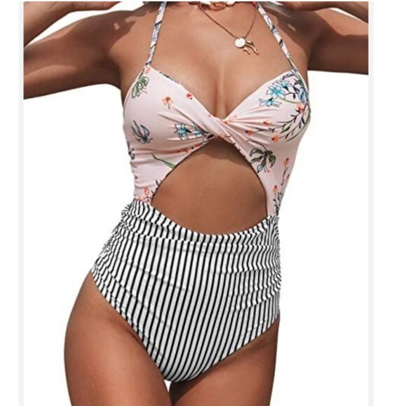 NWOT Cupshe Pink Floral Twist Front Striped Halter One Piece Cutout Swimsuit, M - Picture 1 of 14